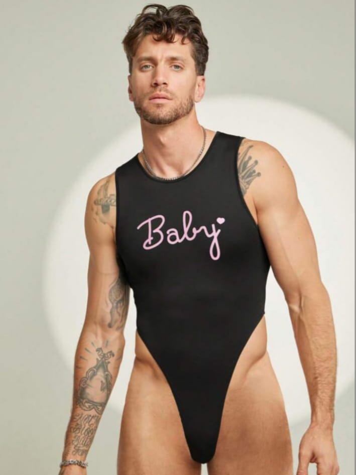 Men's Sleeveless Crew Neck Baby Latter Printed Bodysuit